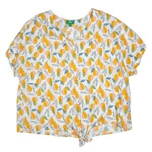 Dip Tie Front Pear Fruit Print Plus Size Top Short Sleeve Linen Blend Sz 1X